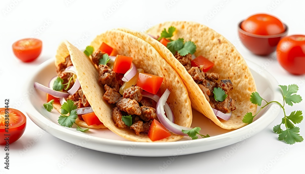Two Vibrant Tacos with Ground Meat Tomatoes and Cilantro Isolated on White Background in Detailed 3D Render, Showcasing Authentic Mexican Cuisine