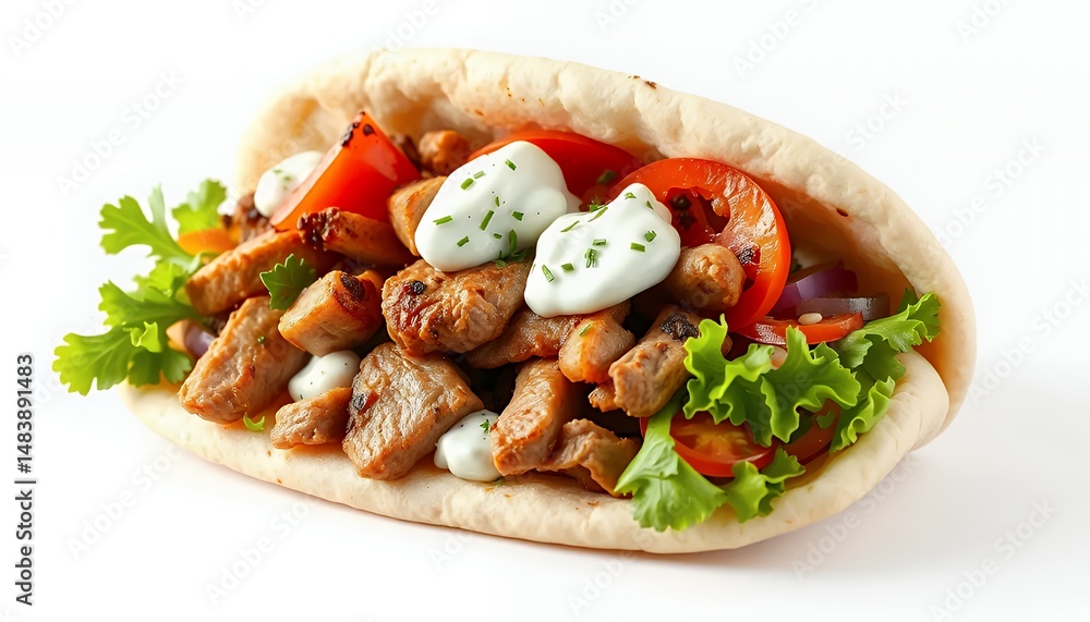 Vibrant 3D Render of Greek Gyros with Pita Meat Tomato and Tzatziki Sauce Isolated on White Background