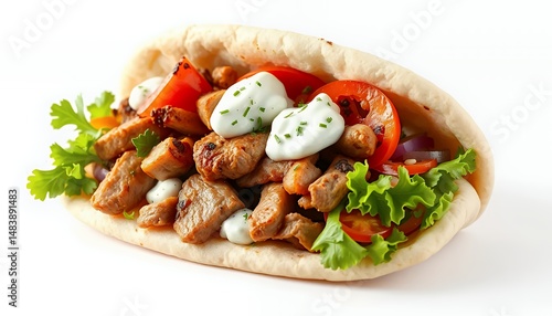 Obraz na płótnie Vibrant 3D Render of Greek Gyros with Pita Meat Tomato and Tzatziki Sauce Isolated on White Background w salonie