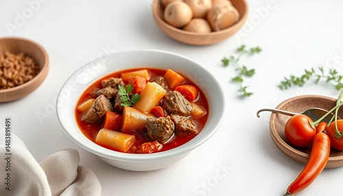 Obraz na płótnie Vibrant 3D Render of Hungarian Goulash Guly?s in White Bowl Isolated w salonie
