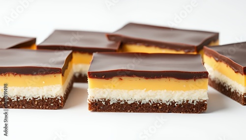 Obraz na płótnie Vibrant 3D Render of Nanaimo Bars on White Screen Background Displaying Canadian Dessert with Chocolate Crust Custard Filling and Chocolate Ganache w salonie