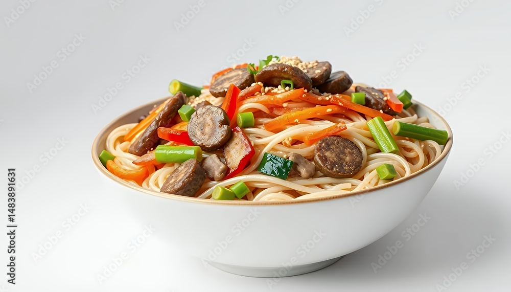 Vibrant Japchae Korean Glass Noodle Stir Fry in White Bowl Isolated on White Background with Colorful Vegetables and Sesame Seeds 3d Render