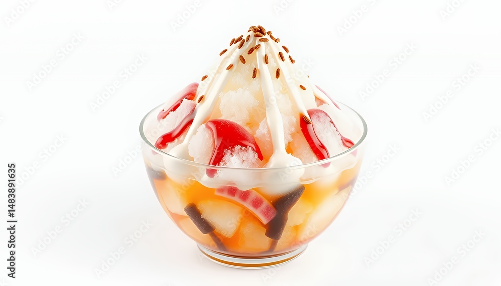 Vibrant Kakigori Japanese Shaved Ice Dessert in Glass Bowl Isolated on White Background a Detailed 3D Render Perfect for Food and Beverage Projects