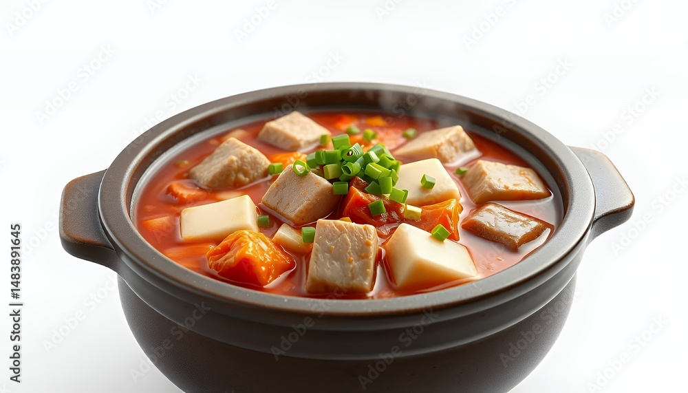 Vibrant Kimchi Jjigae Korean Stew with Tofu in Brown Pot Isolated on White