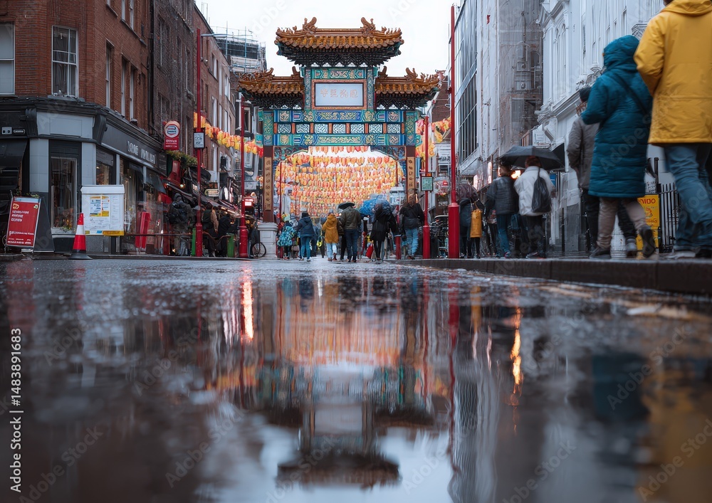 Obraz premium Rainy day in bustling Chinatown street with reflections.