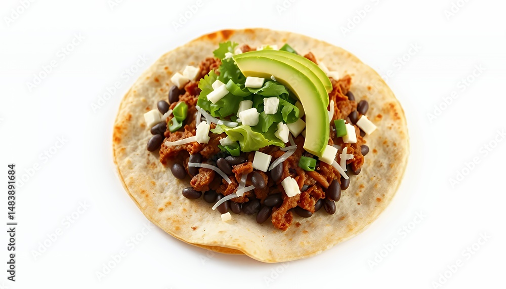 Vibrant Mexican Tostada Featuring Black Beans Meat and Avocado Isolated on White Background in Detailed 3d Render