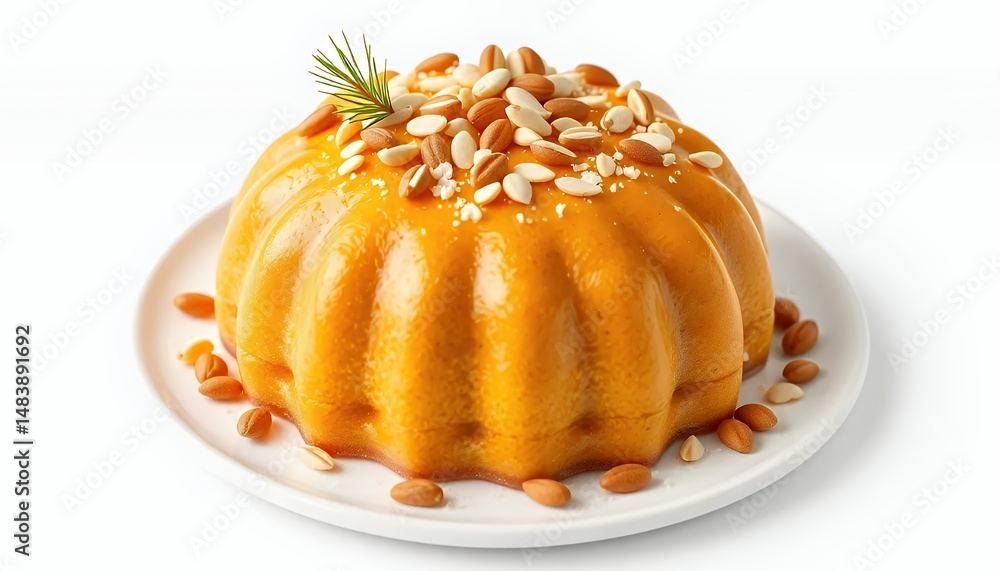 Vibrant Moroccan Orange Cake ???? ?????? with Almonds on White Background in Detailed 3D Render