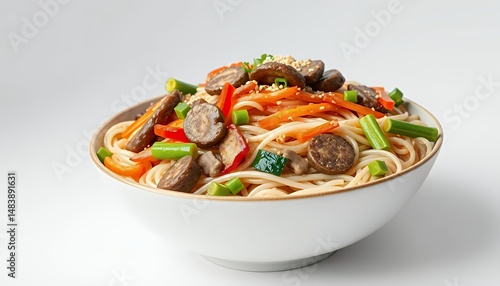 Obraz na płótnie Vibrant Japchae Korean Glass Noodle Stir Fry in White Bowl Isolated on White Background with Colorful Vegetables and Sesame Seeds 3d Render w salonie