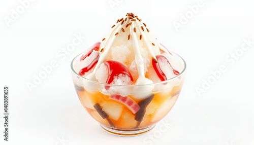 Obraz na płótnie Vibrant Kakigori Japanese Shaved Ice Dessert in Glass Bowl Isolated on White Background a Detailed 3D Render Perfect for Food and Beverage Projects w salonie