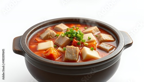 Obraz na płótnie Vibrant Kimchi Jjigae Korean Stew with Tofu in Brown Pot Isolated on White w salonie