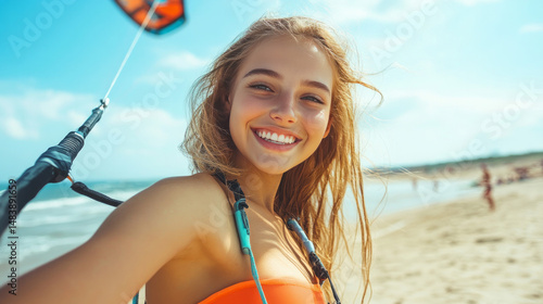 A lovely, happy female wearing kitesurfing gear and posing with a kite on the beach is a representation of an active woman and summertime sports. 
