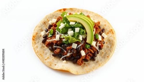 Obraz na płótnie Vibrant Mexican Tostada Featuring Black Beans Meat and Avocado Isolated on White Background in Detailed 3d Render w salonie