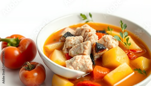 Vibrant Marmitako Seafood Stew in White Bowl Isolated on White Screen Background A 3D Render
