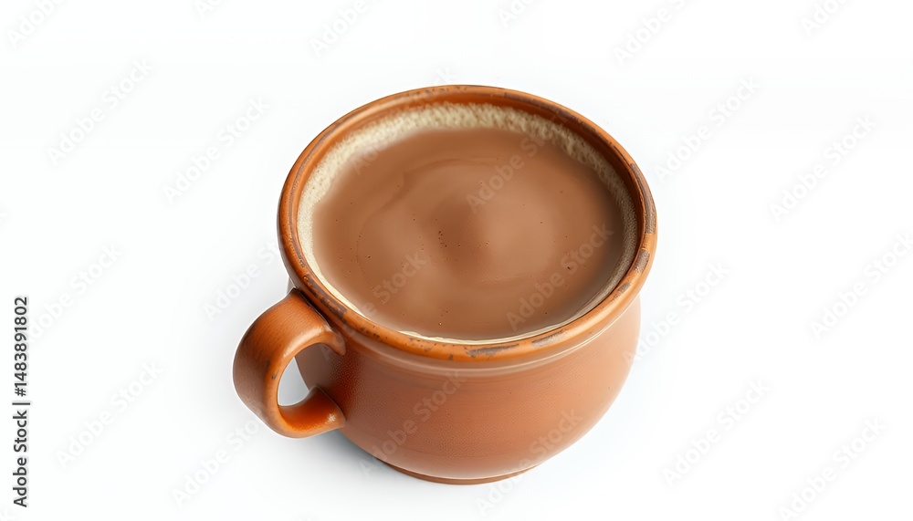 Warm Atole Drink in Earthenware Mug on White Background Top View A Traditional Mexican Beverage Isolated on a White Screen