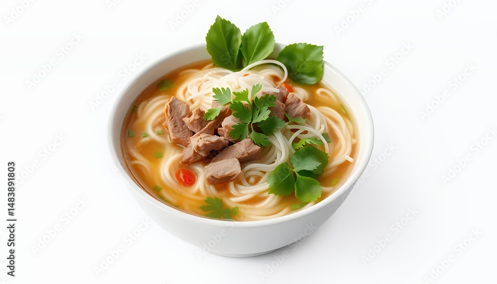 Vietnamese Pho Bo Noodle Soup with Beef in White Bowl Isolated on White Screen Background a 3D Render