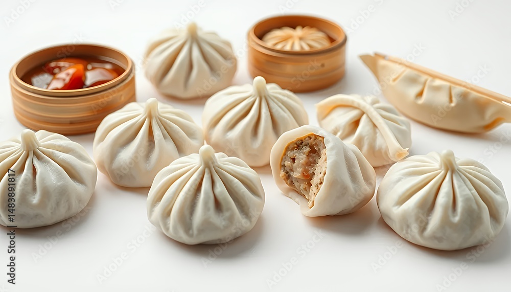 Xiaolongbao Soup Dumplings in 3d Render Isolated on White Screen
