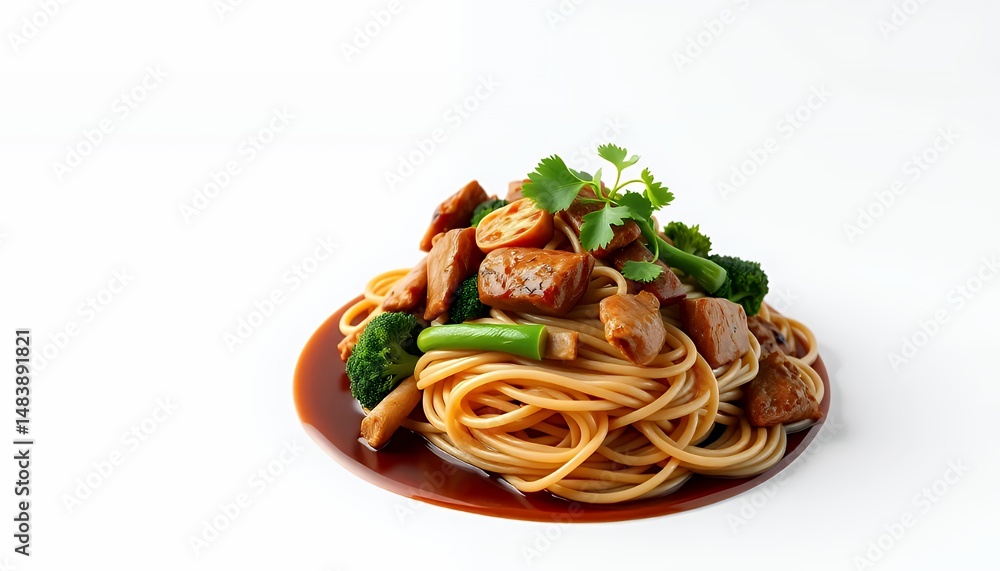 Yakisoba Japanese Stir Fried Noodle Dish with Pork Vegetables and Cilantro Isolated on White Screen Background Representing Casual Dining and Culinary Projects