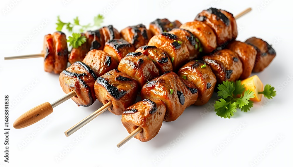 Yakitori Grilled Chicken Skewers with Parsley and Cilantro on White Background 3D Render Isolated