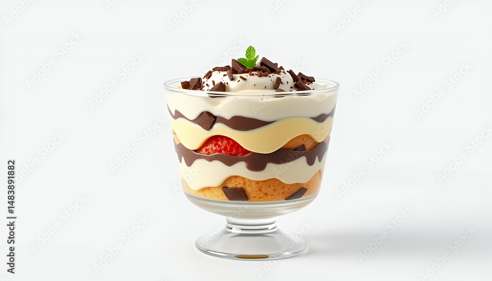 Zuppa Inglese Italian Dessert Layered in Glass Cup Isolated on White Background Displaying Sponge Cake Custard Chocolate and Strawberries with Whipped Cream
