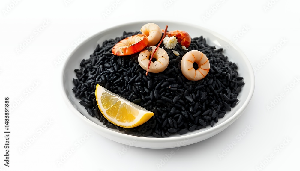 3D Render of Arroz Negro Spanish Dish with Shrimp and Lemon Isolated on White