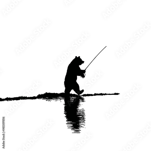 Solid black silhouette of a bear fishing