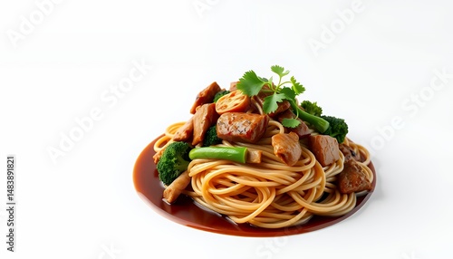 Obraz na płótnie Yakisoba Japanese Stir Fried Noodle Dish with Pork Vegetables and Cilantro Isolated on White Screen Background Representing Casual Dining and Culinary Projects w salonie