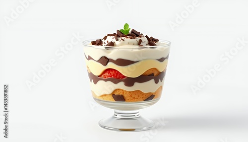 Obraz na płótnie Zuppa Inglese Italian Dessert Layered in Glass Cup Isolated on White Background Displaying Sponge Cake Custard Chocolate and Strawberries with Whipped Cream w salonie
