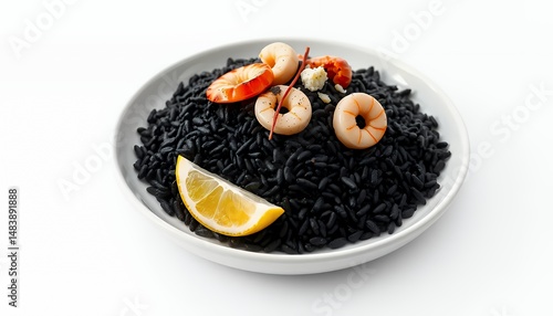 Obraz na płótnie 3D Render of Arroz Negro Spanish Dish with Shrimp and Lemon Isolated on White w salonie