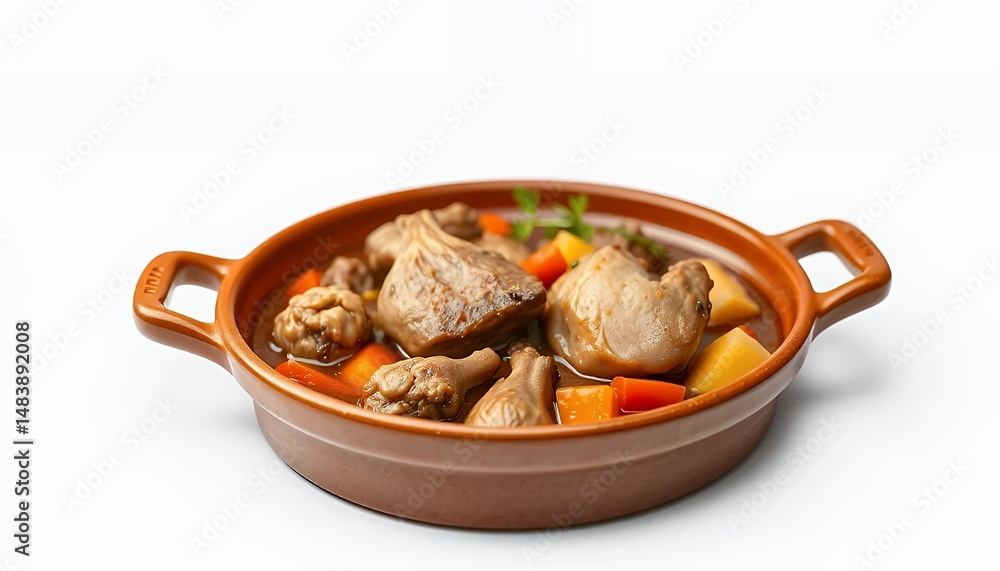 Classic French Coq au Vin Chicken Braise with Carrots Potatoes and Fresh Parsley in Rustic Brown Earthenware Pot Isolated on White Background Detailed 3D Render
