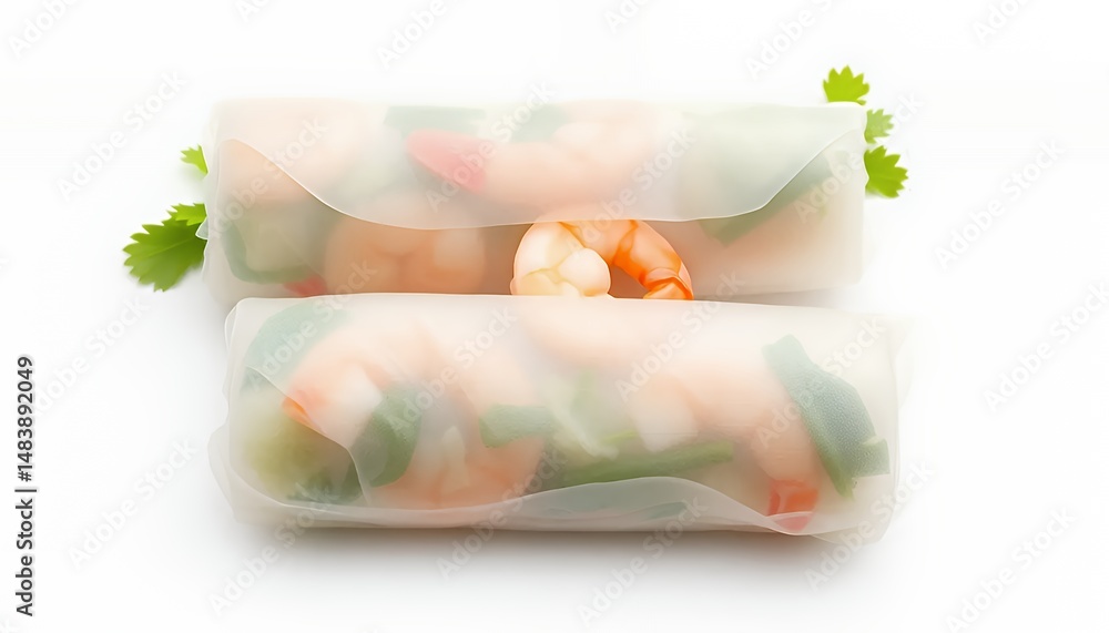Detailed 3D Render of Two Vietnamese Spring Rolls Goi Cuon Isolated on White Screen Background Displaying Fresh Shrimp and Herbs Perfect for Culinary Projects