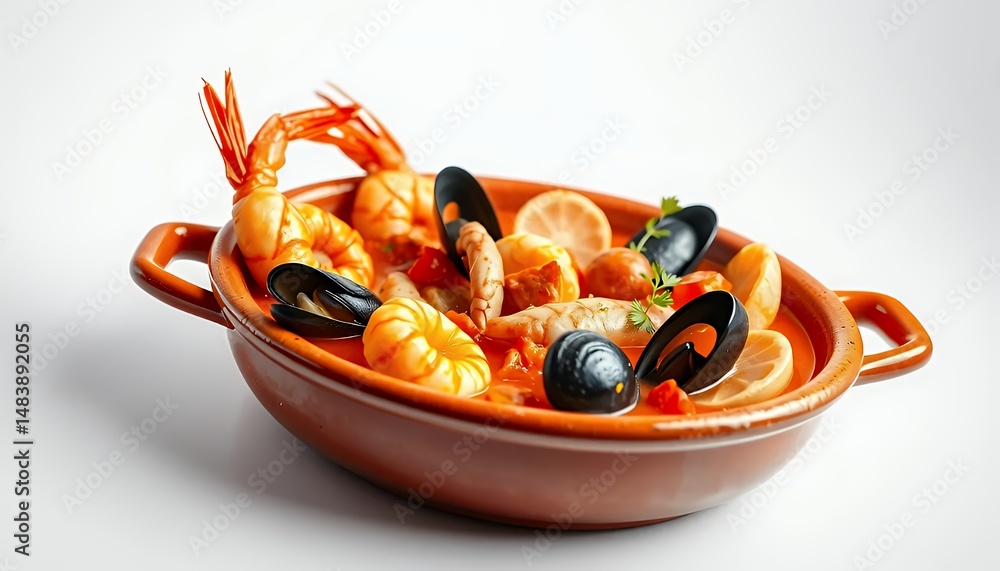 Bouillabaisse Seafood Stew in 3D Render Isolated on White Screen Background Showcasing French Cuisine with Mussels Shrimp Fish And Aromatic Herbs