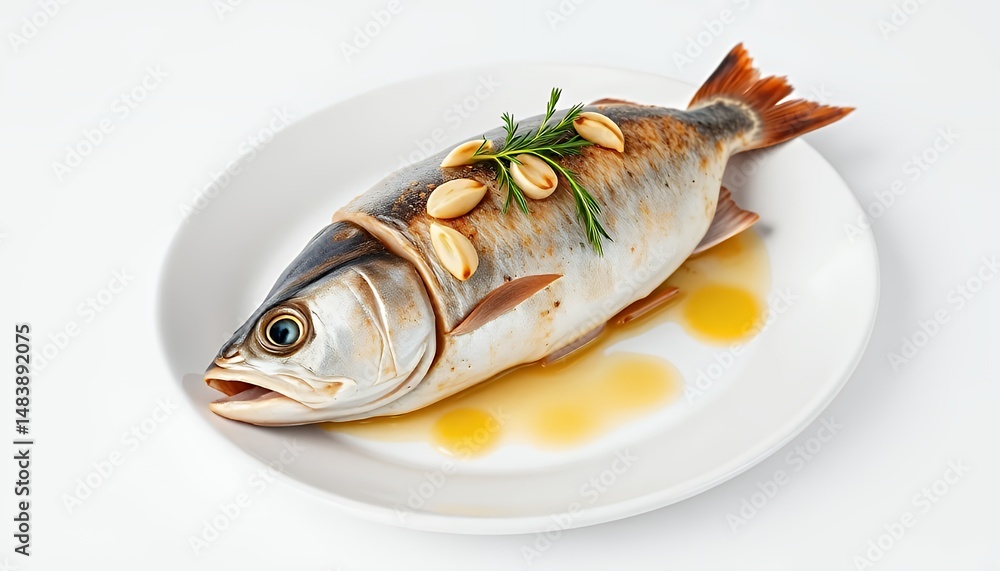 Espetinhos de Sardinha Portuguese Grilled Sardines with Garlic and Olive Oil Isolated on White Plate Perfect For Culinary Art