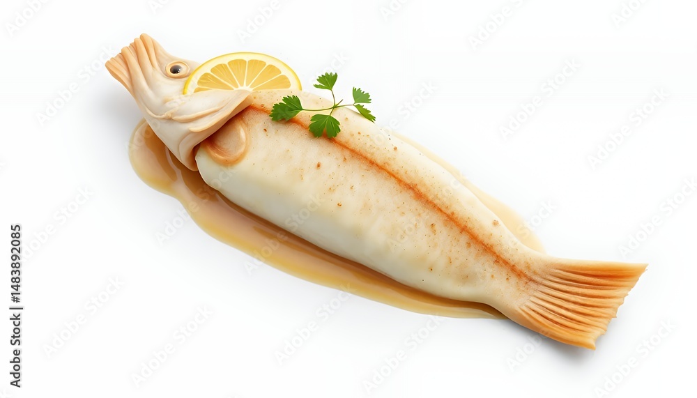 Exquisite Chipirones En Su Tinta 3D Render Isolated on White Background Featuring Traditional Basque Cuisine with Squid Lemon and Parsley Garnish Detail Culinary Art