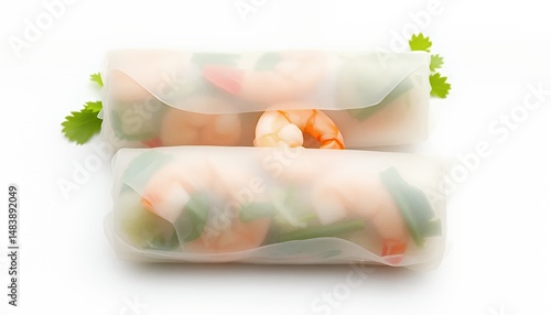 Detailed 3D Render of Two Vietnamese Spring Rolls Goi Cuon Isolated on White Screen Background Displaying Fresh Shrimp and Herbs Perfect for Culinary Projects