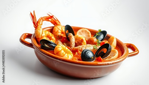 Obraz na płótnie Bouillabaisse Seafood Stew in 3D Render Isolated on White Screen Background Showcasing French Cuisine with Mussels Shrimp Fish And Aromatic Herbs w salonie