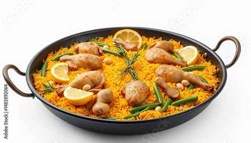 Obraz na płótnie Classic Spanish Paella with Chicken and Vegetables in Black Pan Isolated on White Screen Background a 3D Rendering with Saffron Infused Rice and Lemon Wedges w salonie