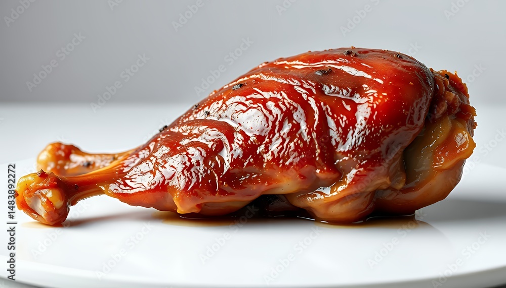 Isolated 3D Rendered Chicken Leg on White Plate with Dark Sauce on White Background