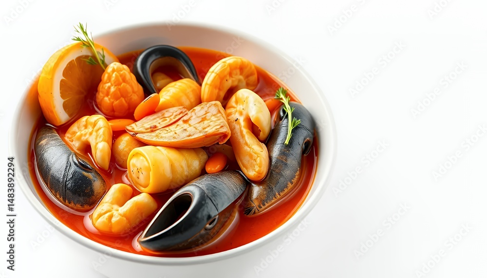 Isolated Chilean Cazuela De Mariscos Seafood Stew On White Screen Background In Detailed 3d Render Showing Vibrant Red Broth with Mussels Prawns Citrus and Herbs