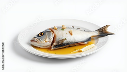 Isolated Lavraki Seabass European Greek Food 3D Render on a White Plate with Olive Oil Lemon Slice and Herb Seasoning