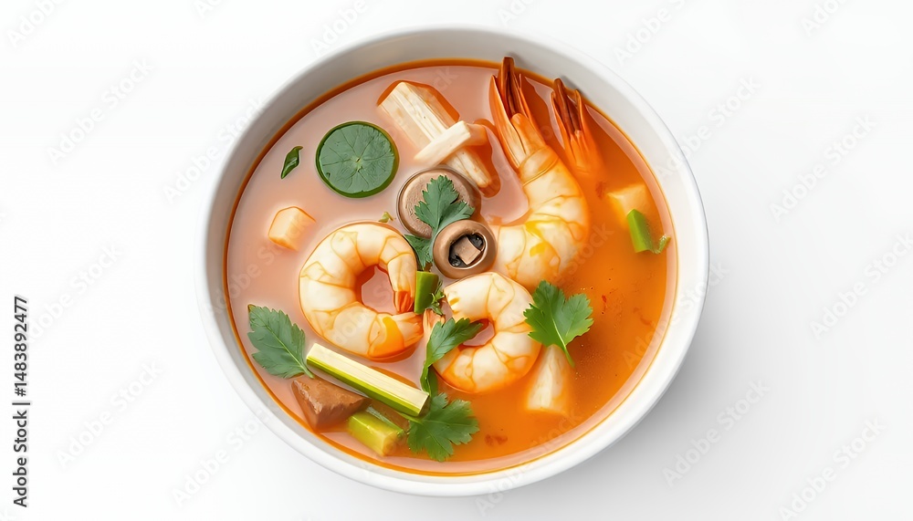 Tom Yum Kung Soup Featuring Fresh Shrimp Cilantro Mushrooms Isolated on White Backdrop in 3D Render