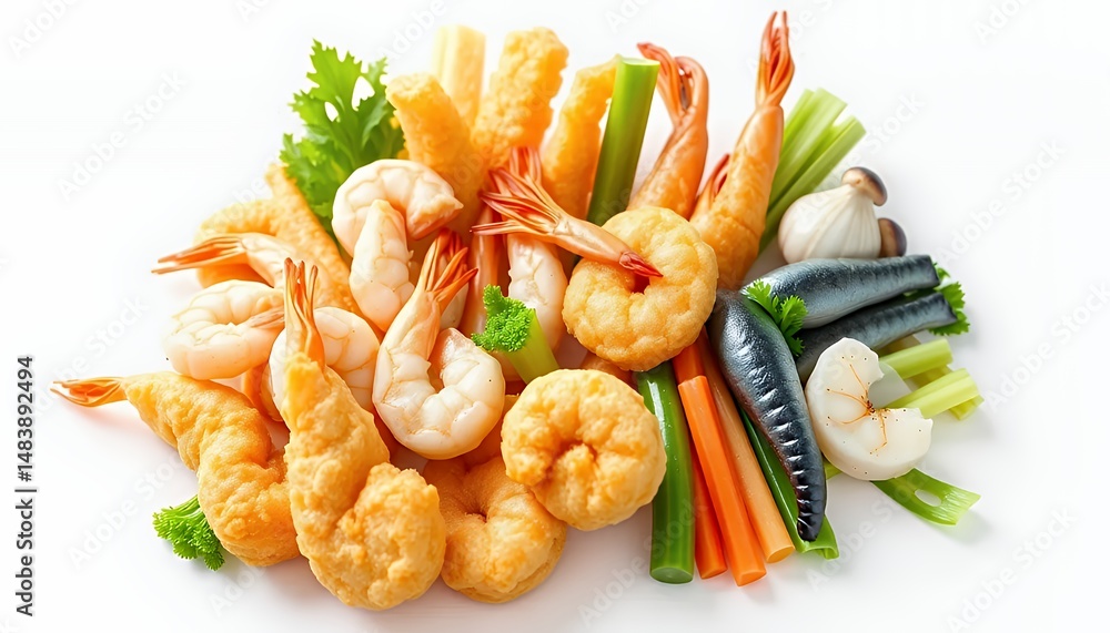 Vibrant Japanese Tempura Selection on White Screen Background Featuring Golden Fried Seafood and Fresh Vegetables in Detailed 3D Render