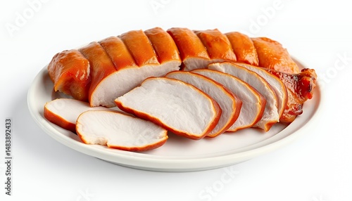 Obraz na płótnie Sliced Roast Chicken On White Plate Isolated on White Background, a Delectable 3d Render of Tender Poultry Meat Ready to Serve as an Appetizing Meal w salonie
