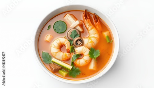 Obraz na płótnie Tom Yum Kung Soup Featuring Fresh Shrimp Cilantro Mushrooms Isolated on White Backdrop in 3D Render w salonie