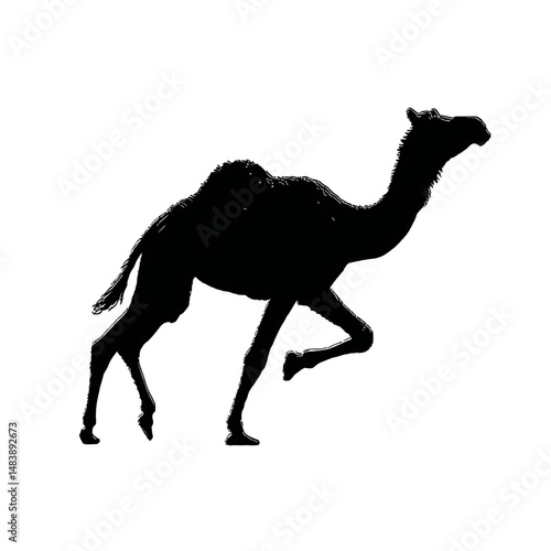 Solid black silhouette of a camel running