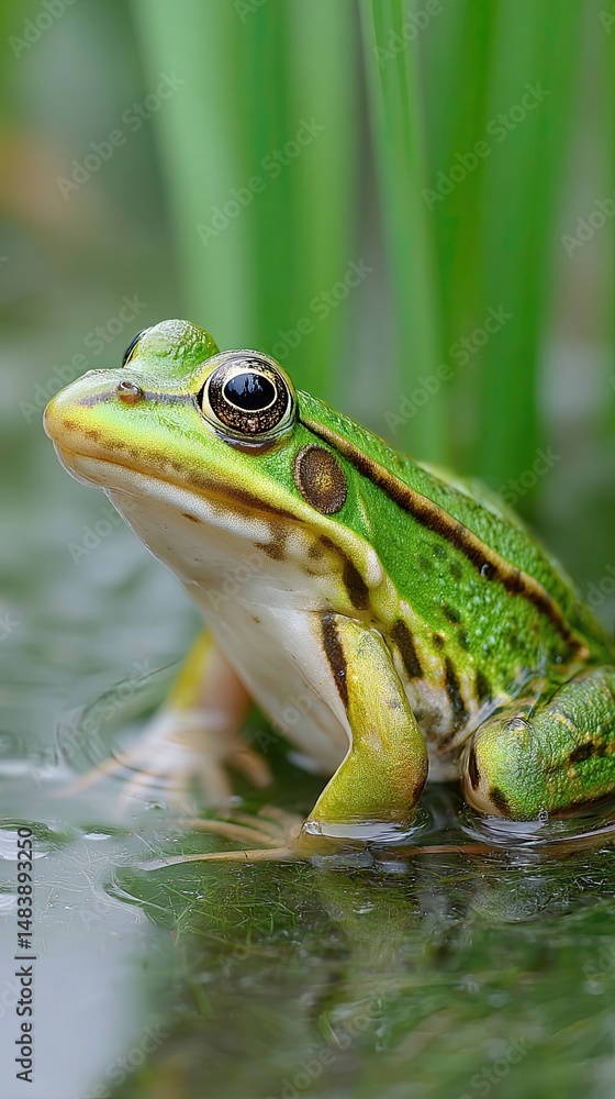 Fototapeta premium Frog Resting in a Serene Swamp Environment Amidst Lush Vegetation in the Early Morning