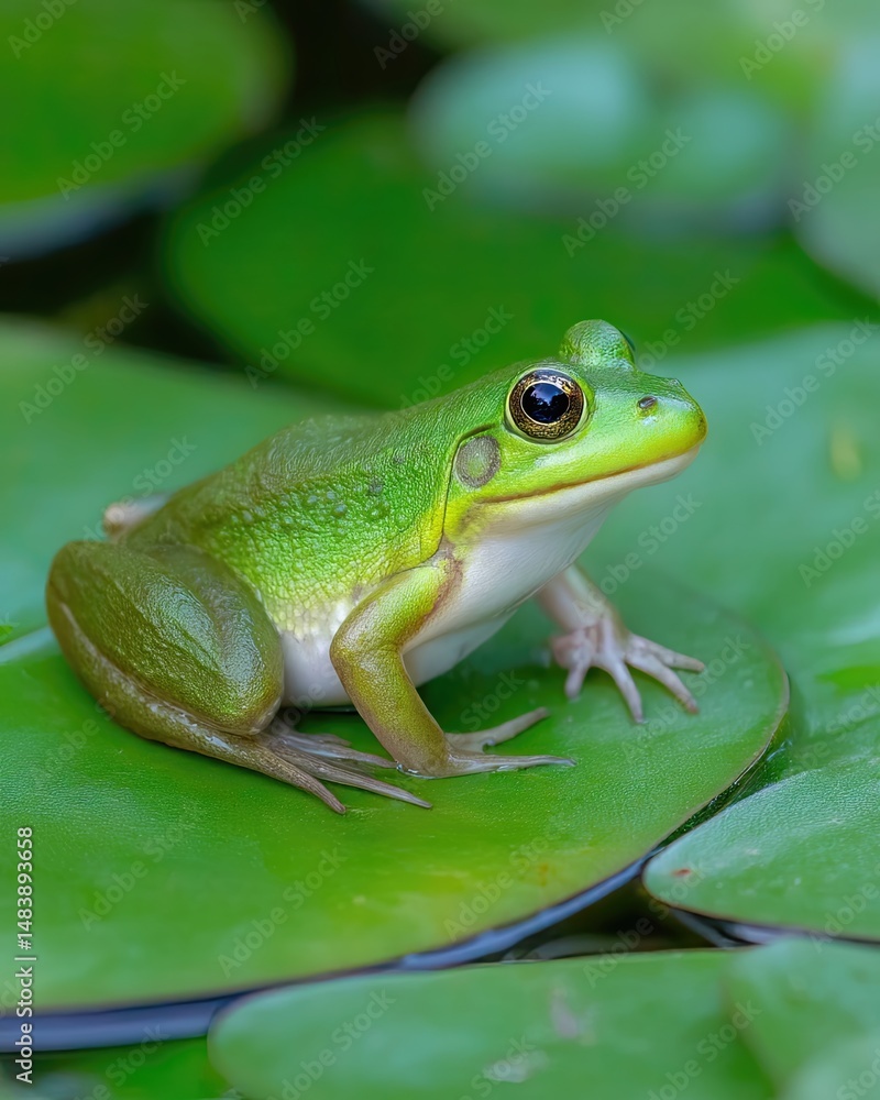Green Frog Resting on a Lilypad in a Tranquil Pond Surrounded by Lush Vegetation Green Frog Resting on a Lilypad in a Tranquil Pond Surrounded by Lush Vegetation