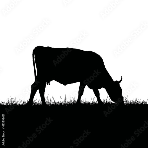 Solid black silhouette of a cow grazing