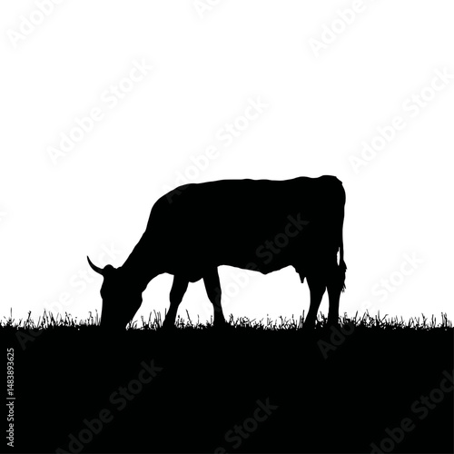 Solid black silhouette of a cow grazing