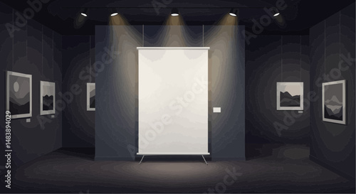 Art gallery interior with empty space for display under spotlights  