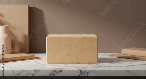 Minimalist cardboard box on marble countertop against a brown background  
